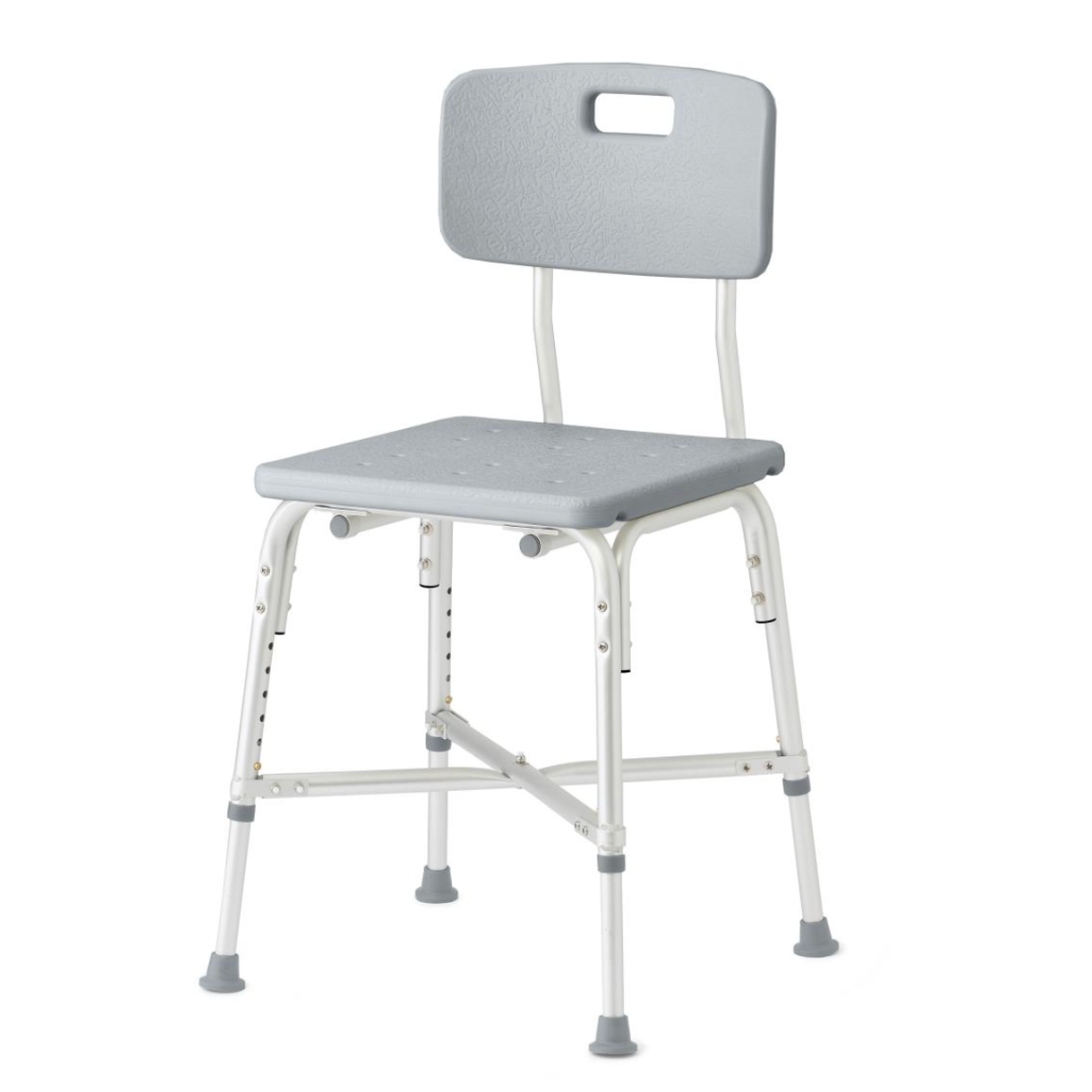 The Medline Bariatric Shower Chair with Back supports up to 650 lbs and features an adjustable seat height, heavy-duty aluminum frame, backrest, non-slip rubber feet, and a textured seat with drainage holes for safety and comfort in the shower. Color: Gray.